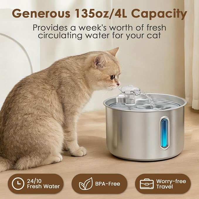 Stainless Steel Cat Water Fountain, 135oz/4L Automatic Pet Water Dispenser with 3 Filters & 2 Water Outlets, Quiet Indoor Drinking Fountain for Cats Small Dogs, Water Level Window - Image 3