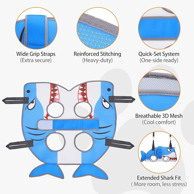 Dog Grooming Hammock for Small Dogs Cats, Cute Shark Design Dog Hanging Harness for Nail Trimming/Clipping, Pet Sling with Grooming Kit and Thick Neck Support & Strap Restraint Claw Care, M - Image 3