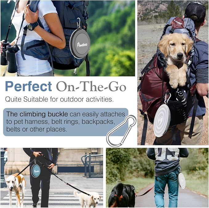 Pawaboo Collapsible Travel Dog Bowls 2 Pack with Lids&Carabiners Silicone | Feeding Watering Bowls for Dogs Cats, Collapsable Water Feeder Food Bowl for Walking Traveling Home Use, Blue + Grey - Image 3