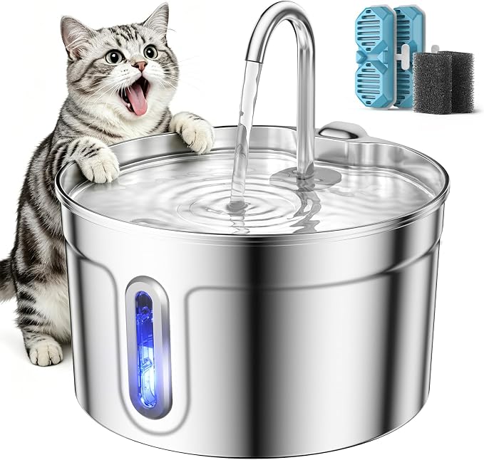 Stainless Steel Cat Water Fountain - 74oz/2.2L Ultra-Silent | 2 Filters Included, Visible Water Level, Dishwasher Safe, for Indoor Cats & Small Dogs by LuvMypett