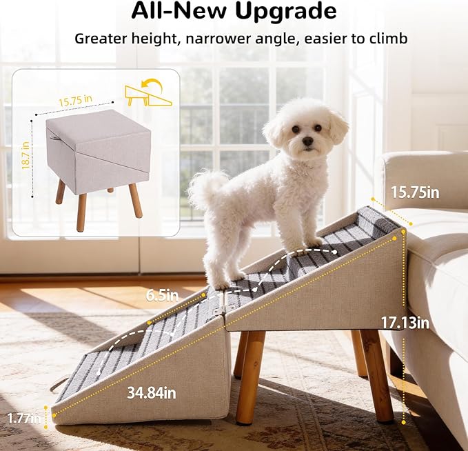 Dog Stairs for Small Dogs, 2-in-1 Foldable Pet Ramp and Ottoman, 17.13" H | Non-slip carpeted steps, solid wood support, gentle incline for couches, and a foldable ottoman design for compact storage. - Image 3