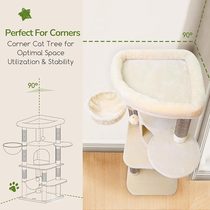 Globlazer Corner Stable Cat Tree Tower with Scratching Post, C51, Beige | 51in Space-Saving Multi-Level Cat Condo for Indoor Cats with Hammock, Large Top Perch for Large Cats, Cozy Cat Cave - Image 2