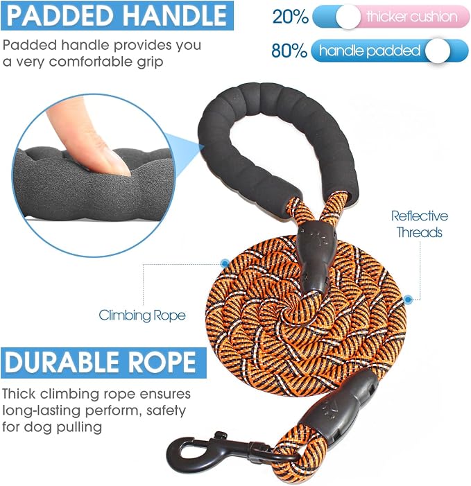 2/4/5/6 FT Dog Leash with Comfortable Padded Handle and Highly Reflective Threads for Small Medium and Large Dogs (5FT-1/2'', Black Orange) - Image 2