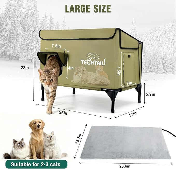 Large Heated Outdoor Cat House for Outside Winter, Insulated Weatherproof Cat Shelter with Slanted Roof, Escape Door & Heating Pad, Elevated Kitty Bed Feral Cat House for Outdoor Cats Stray Barn Cat - Image 7