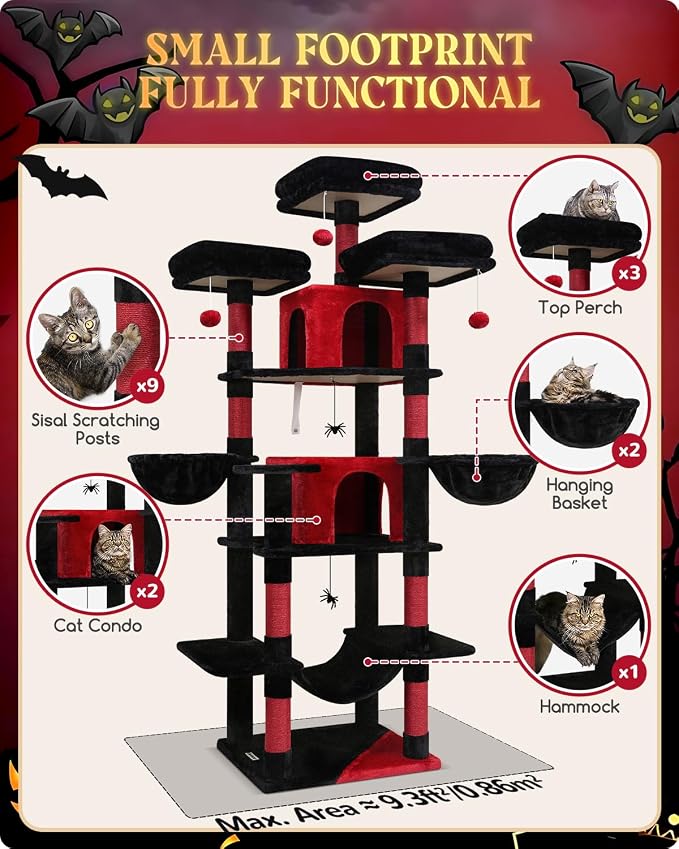 Globlazer Big XXL Gothic Cat Tower for Indoor Multiple Cats, F80 | 80 inch Cat Tower for Adult Cats Cat Tree with Scratching Post, Hammock, 3 Perches, 2 Condos, 2 Hanging Basket - Image 2