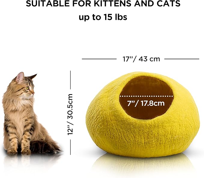 Luxurious Merino Wool Cat Cave - Foldable Hideaway Pod for Indoor Cats - Premium Felt Kitten Pet Enclosure - Covered Cat House for Ultimate Cozy Comfort by Woolygon (Yellow Plain) - Image 2