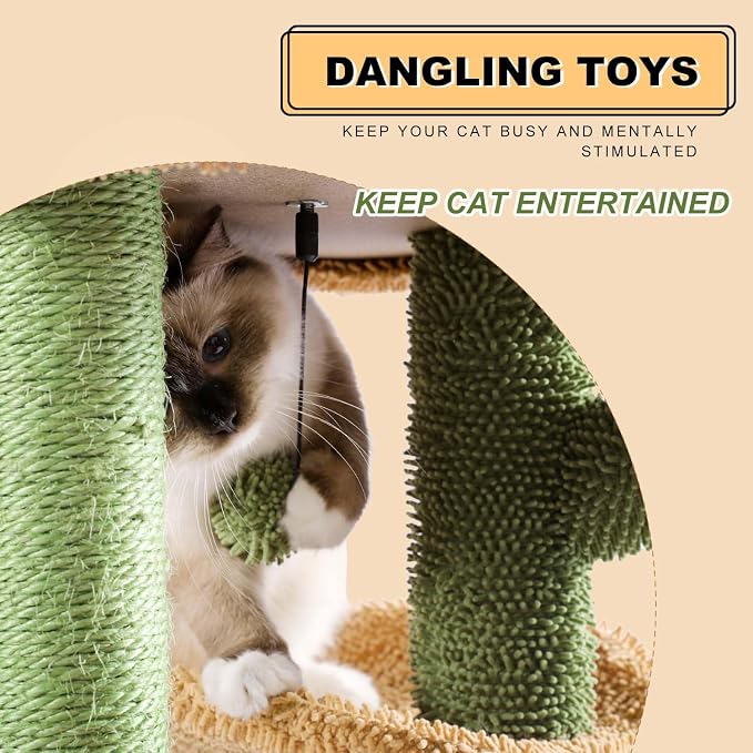 Cactus Cat Tree, Multi-Level Cat Tower with Large Metal Carpet Hammock, Cat Scratching Post for Indoor Cats with Condo & Replaceable Toy Ball, Green - Image 4