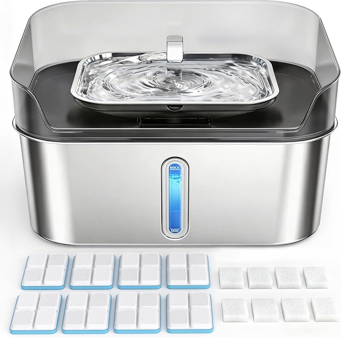 Large Stainless Steel Dog Water Fountain no Spill, 2.1Gal/8L with 8 Filters | Automatic Dog Water Bowl Dispenser, Super Quiet Cat Fountain, Dog Bowl to Drinkg Inside, Gifts for Pets by SHARLOVY