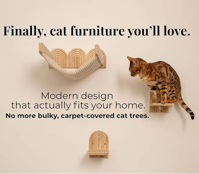 Wall Mounted Cat Hammock Bed with Steps - Wooden Wall Shelf for Cats - Paintable Natural Rubberwood - The Perfect Perch for Cats & Kittens - Image 6