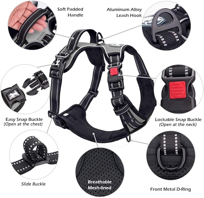 PoyPet No Pull Dog Harness Medium with Front Clip & Neck Release Buckle | No Choke, Adjustable Vest, Reflective, Back Clip, Lockable, Soft Padded, Easy Control Handle for Walking Training, M, Grey - Image 4