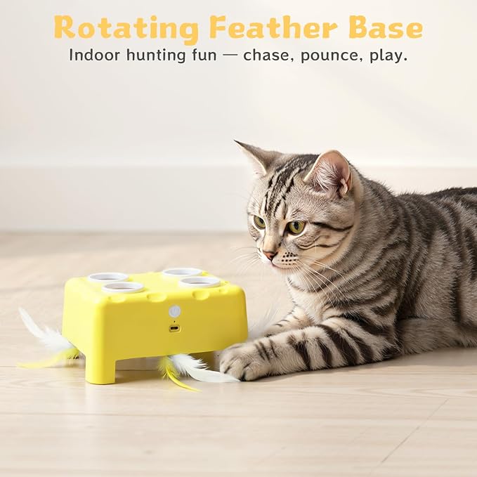 Interactive Cat Feather Toy Cheese Box 3in1 Whack a Mole | 3 Play Modes, Paw-Safe 4 Hole Whack-a-Mole, Anti-Slip Base, 4 Interchangeable Accessories, USB Rechargeable Auto Cat Toy - Image 7