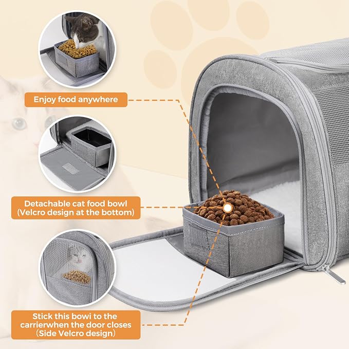 Large Soft Cat Carrier with Detachable Food Bowl,Pet Bag (Up to 28 lbs) | Puppy Kennel with Lockable Zippers for Small Dog, Kitten,Medium Travel Carrying Case for Car Airline Transport,Grey - Image 4