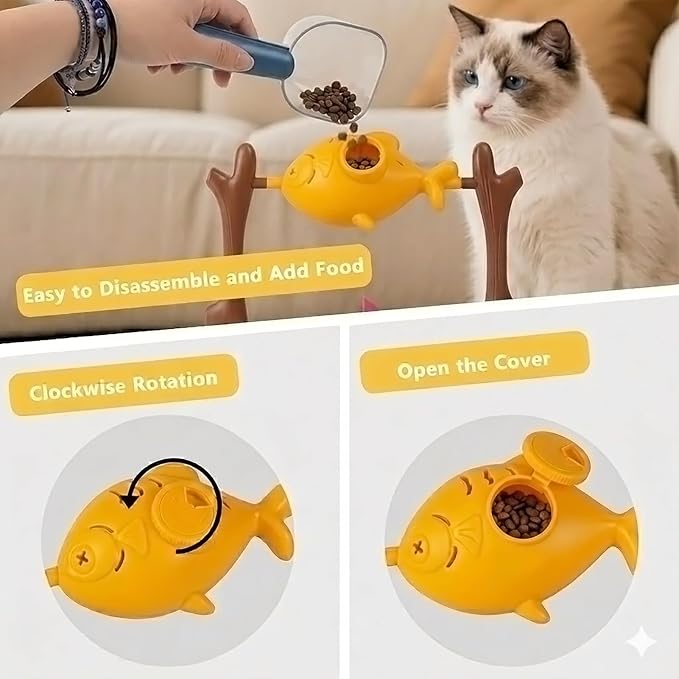 Cat Slow Feeder, Interactive Cat Puzzle Toy Treat Dispenser - BBQ Campfire Grill Design, Adjustable Rotating Fish Flame Mental Stimulation Food Dispensing Toy for Indoor Cats Kittens-Fat Fish - Image 4