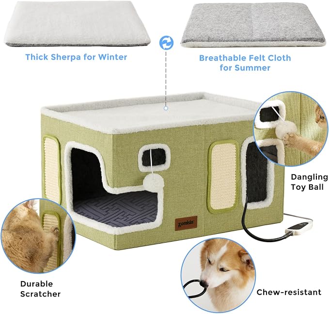 ZOMISIA Heated Cat House for Indoor Cats - Large Cat Warming Bed for Winter with Fluffy Ball Hanging and Adjustable Heating Pad, Foldable Cat Hideaway,23x16.5x13 inches, Grey - Image 5