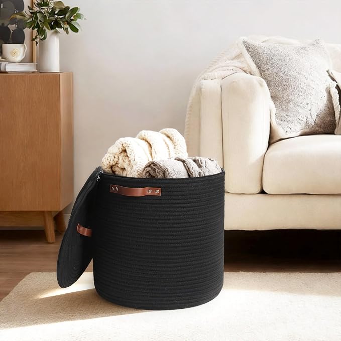 Storage Basket with Lid, 15"x13" Round Woven Blanket Storage for Living Room, Decorative Cotton Rope Hamper with Zipper Top, Black Laundry Basket with Lid, Floor Covered Kids Dog Toy Bin Box - Image 3
