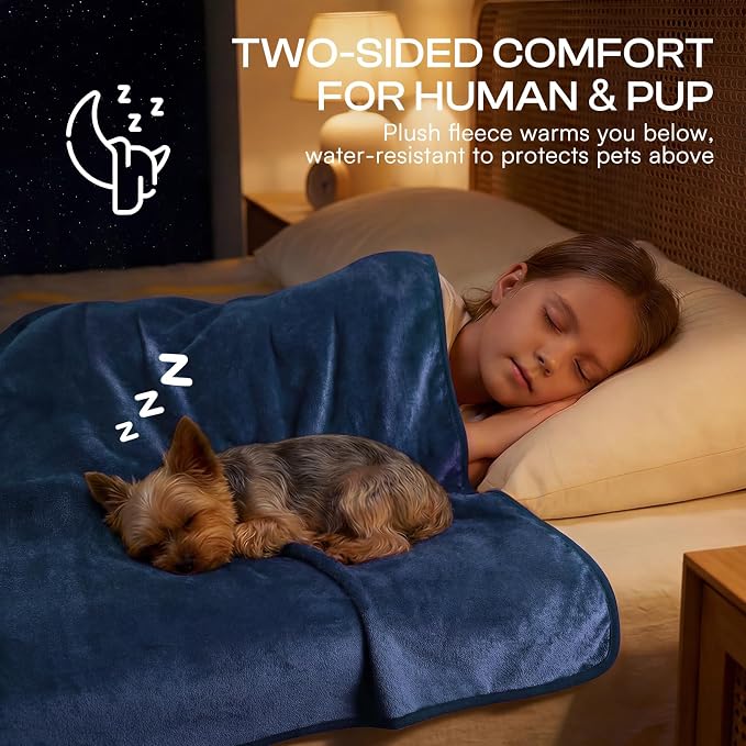 Luciphia Waterproof Pet Blanket, Washable Reversible Sherpa Fleece Throw | Liquid-proof furniture protector for bed and couch, soft reversible sherpa fleece for dogs, cats blue, L - Image 3