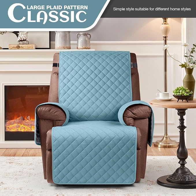 KinCam 100% Waterproof Recliner Chair Covers Washable, 23.6", Light Blue | Anti Slip Reclining Couch Covers for Pets Dog, Recliner Sofa Slipcover Storage Pocket, Furniture Protector with Elastic Strap - Image 2