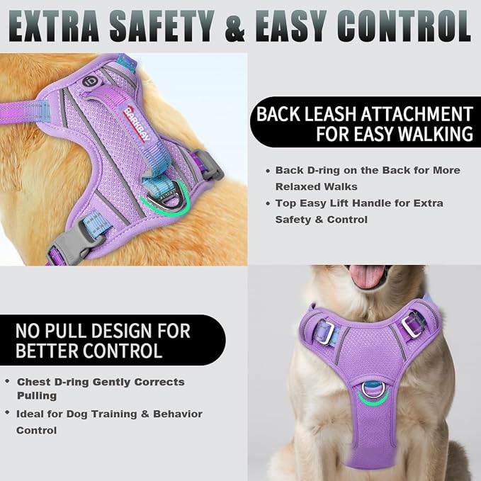 BARKBAY No Pull Dog Harness Large Reflective Dog Harness with Front Clip and Easy Control Handle for Walking Training Running with ID tag Pocket(Lavender Sky,L) - Image 3