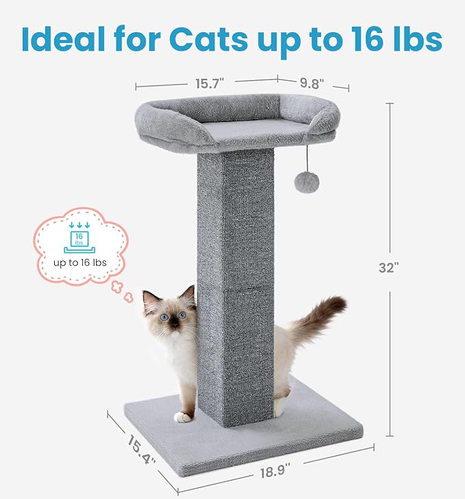 Made4Pets 32" Carpet Cat Scratching Post with Bed for Indoor Cats, Grey | Carpet Cat Scratcher, Raised Perch with Removable Washable Cover, Wide Base, Hanging Ball, Compact Indoor Design - Image 3