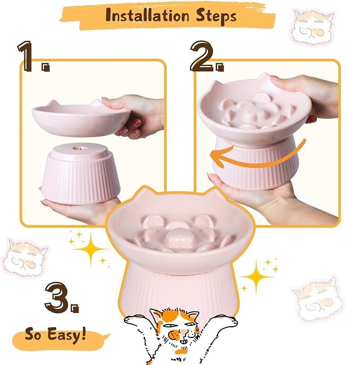 Unbreakable Raised Slow Feeder Bowl for Cats and Small Dogs, Elevated Cat Bowls, Detachable Slow Feede Bowl, Heavy Weighted, Non-Slip Feeder, Dry & Wet Food, Whisker Friendly (Pink; 6.2'') - Image 9
