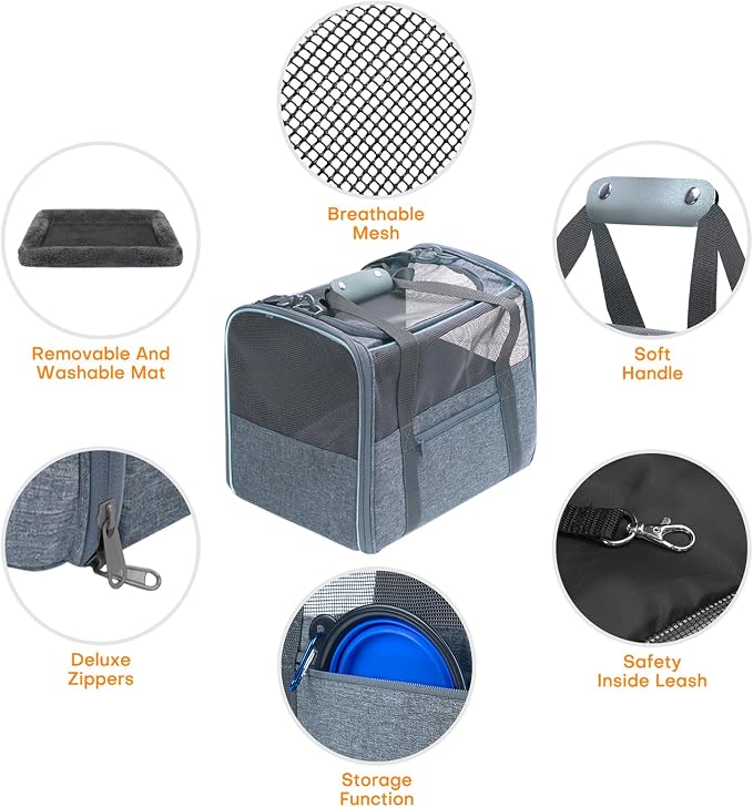 JUNGYOUN Premium ​Cat Carrier - ​Pet Carrier for Cat & Small Dogs up to 15lbs - ​Airline Approved Travel Dog Carrier with Anti-Escape Zippers, Collapsible Travel Bowl & Padded Strap - Image 5