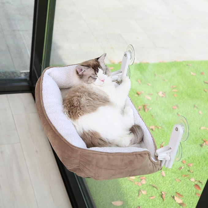 Zakkart Foldable Cat Hammock for Window with Bolster - Cordless, Three-Side Bolstered Machine Washable Fluffy Bed, Robust Metal Frame - Cat Window Perch for Large Cats and Kittens - Brown/White - Image 3