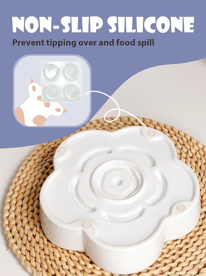Ceramic Slow Feeder Dog/Cat Bowl 8" 11.3oz Medium Large | Anti-Choking Slow Food Bowls, Slow Feeder for Large Breeds, Plum Puzzle Design, Non-slip Silicone, Dishwasher Safe, White - Image 6