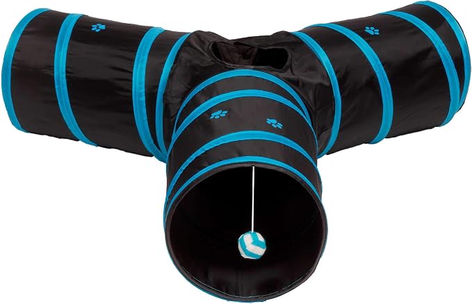 Cat Tunnel - Collapsible 3 Way Play Toy - Tube Fun for Rabbits, Kittens, and Dogs - Black/Aqua - Image 2