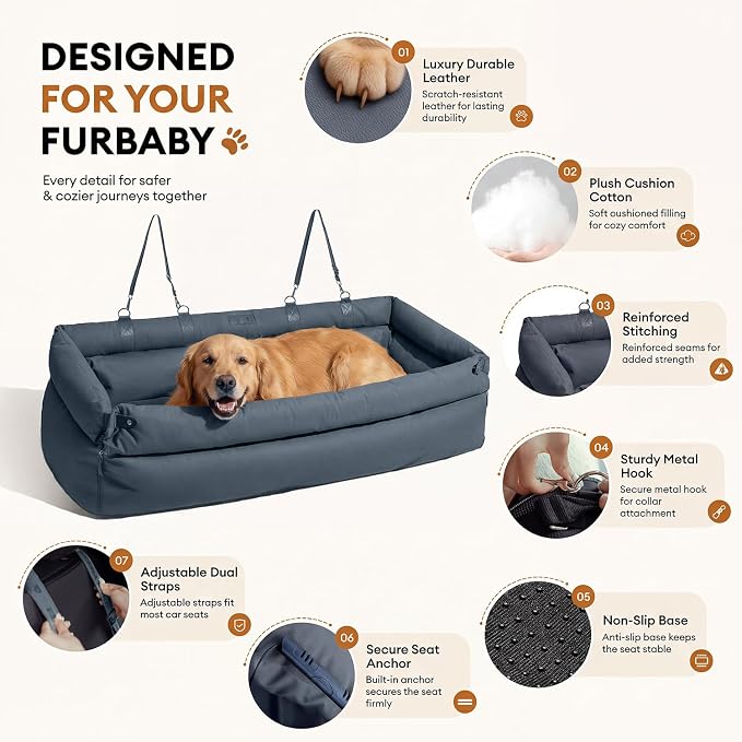 FUNNY FUZZY Leather Dog Car Seat for Large Size Dogs, Pet Booster Car Seats | Waterproof Car Seat with Safety Clip-On Leash, Soft Fabric Car Dog Bed Filling Memory Cotton, Washable Travel Pet Bed(Blue) - Image 2