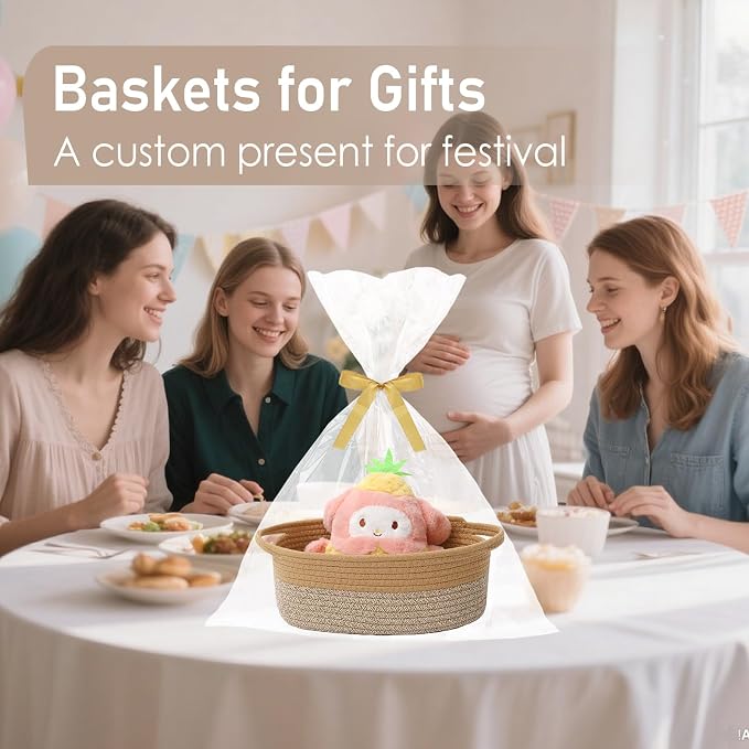 JMvicyroam Small Woven Basket, Empty Gift Basket, Jute&Brown/1 Pack | Small Gift Basket, Cotton Rope, 12 x 8 x 75 in, Handles, Includes Ribbon and Bag, Birthday Gift Basket - Image 4