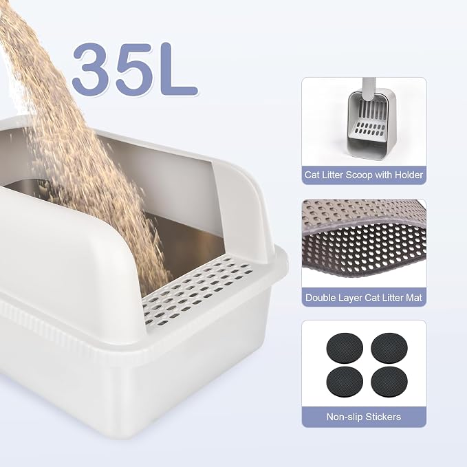 Henkelion 2 Pack Stainless Steel Cat Litter Box with Lid, 24" L x 16" W x 11.8" H, Extra Large Litter Box for Big Cats with High Sided, Anti-Urine Leakage, Easy Cleaning, Include Cat Mat and Scoop - Image 5