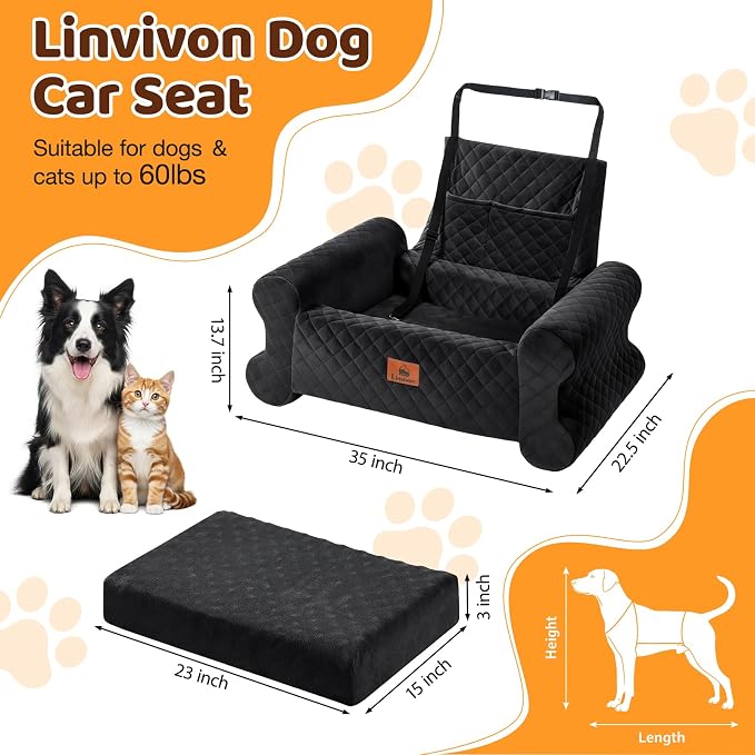 Dog Car Seat for Medium/Large Dogs up to 60LBS Memory Foam Dog Booster Seat | with Thick Cushion, Pet Car Seat for Back with Detachable Washable Cover, Storage Pockets for SUV, Pick Up, Trunk, Black - Image 2