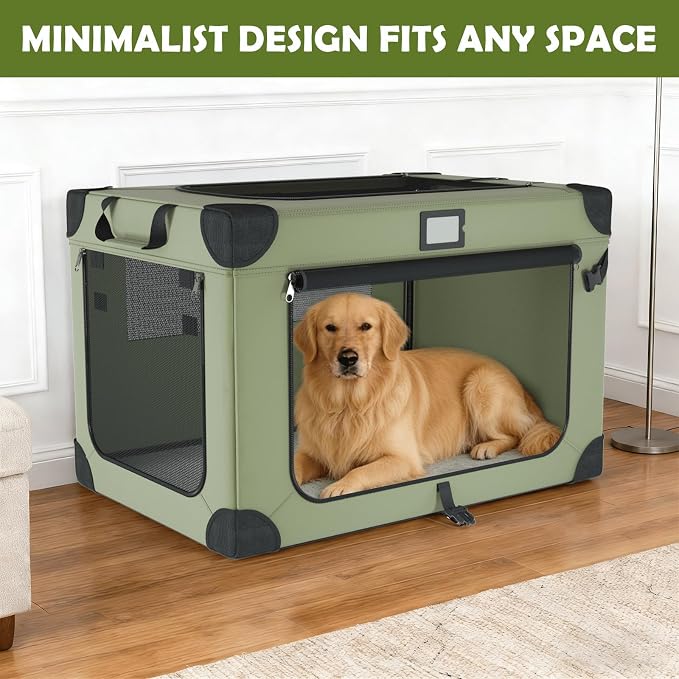 36 Inch Soft Collapsible Dog Crate Green with Waterproof and Easy to Clean | Chew-Proof Mesh Window,Sturdy Frame,Soft Blanket and Foldable Bowl,Waterproof,Portable for Camping,Signature Card,Storage Bag - Image 8