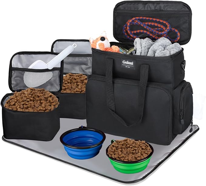 Dog Travel Bag Airline Approved–Pet Travel Tote with Collapsible Bowls,Food Containers & Feeding Mat–Multi-Pocket Organizer for Dogs & Cats, Durable & Water-Resistant for Hiking,Trips,Outdoors by GoloniYourStyleYourRule