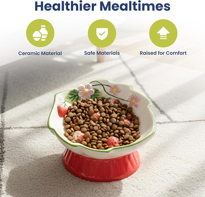 Strawberry Blooms Elevated Ceramic Cat Bowl, Red | Raised Cat Food Bowl with 15° Tilt, Whisker-Friendly Pet Feeding Bowl, Anti-Choking Dish, Dishwasher Safe - Image 10