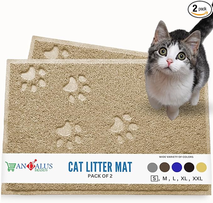 Andalus Small Cat Litter Mat, Pack of 2 - Waterproof, Non-Slip & Easy to Clean Cat Litter Box Mat for Extra Efficient Pet Litter-Trapping, Beige (15.75” X 11.75”) by AndalusBrand