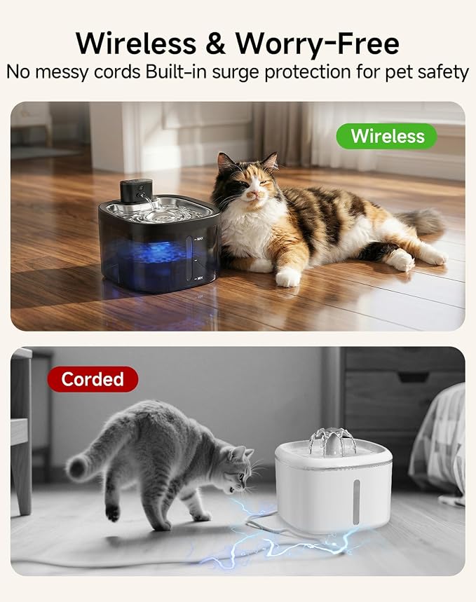 Cat Water Fountain Cordless: Battery Operated 118oz/3.5L Pet Water Fountain for Cats Indoor with Motion Sensor, Stainless Steel Tray, Ultra Quiet, Easy-to-Clean, Gifts for Cats, Dogs (8Filters) - Image 3