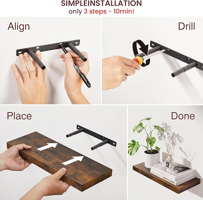 BAYKA Rustic Brown Floating Shelves 15.7in, Set of 4, Wall Mount Wood Shelf | Easy Install, 22lbs Max Load, Hidden Bracket, Hanging Shelf for Books Storage/Room Decor, Multi-Wall Compatible - Image 6