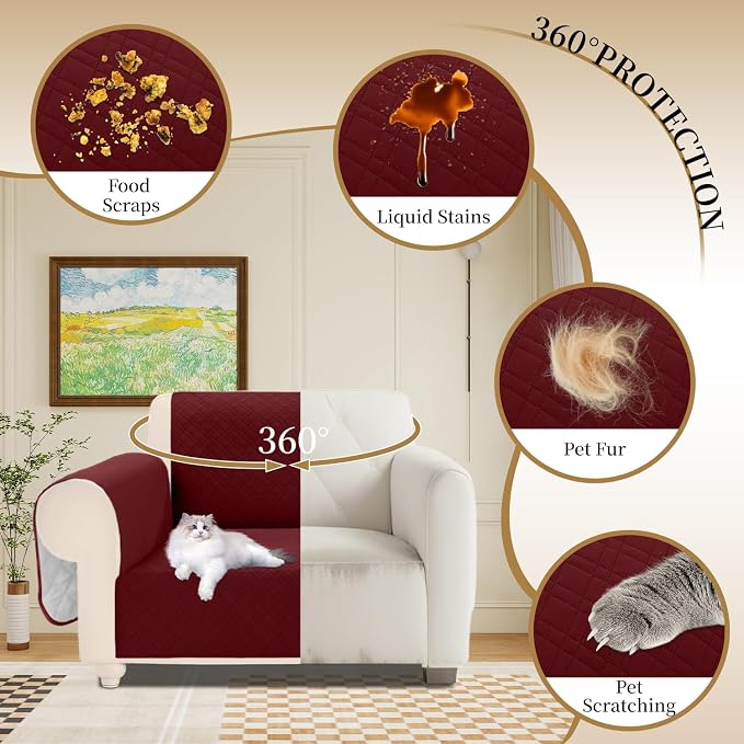 Velvet 100% Waterproof Chair Covers for Living Room Sofa Armchair Cover Washable Couch Arm Chair Slipcovers for Dogs Non Slip Quilted Furniture Protector with Pockets (Small, Wine Red) - Image 5