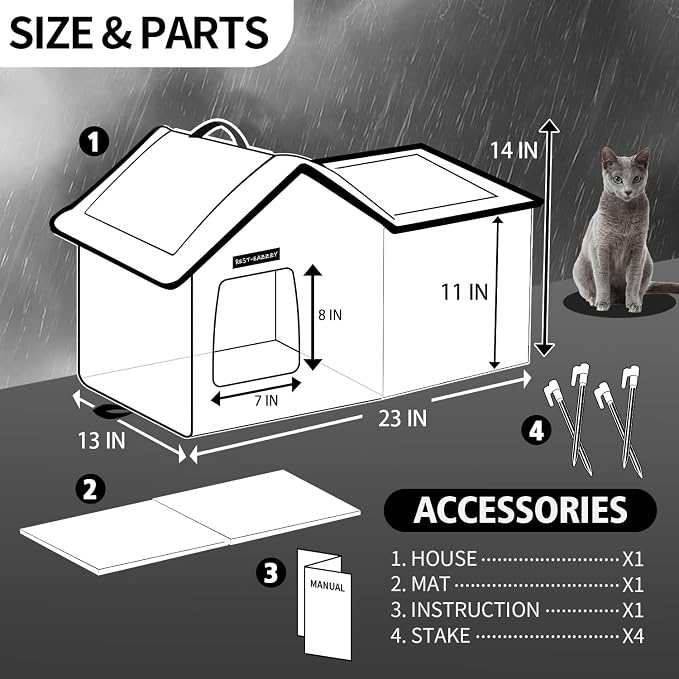 Outdoor Cat House for Feral Cats,Weatherproof & Insulated | Self-warming & waterproof insulated, with mat and canopy, sturdy support, easy assembly, winter shelter for feral cats, black - Image 6