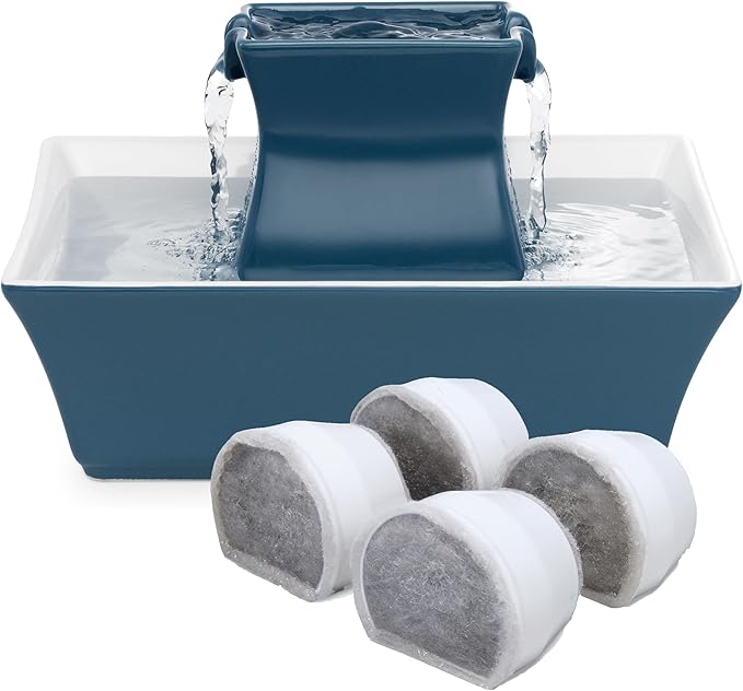 PetSafe Drinkwell Pagoda Ceramic Fountain, 70 oz, 4-Pack Carbon Filters | 2 Falling Water Streams Encourage Hydration, Cat & Small Dog Water Fountain, 4-Pack Carbon Filters by PetSafe