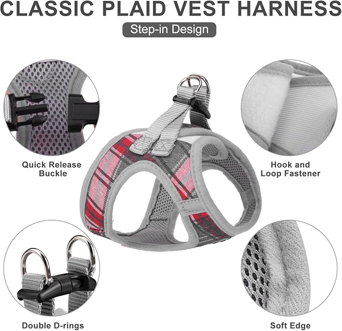 Classic Plaid Dog Harness - Large Dog Collar and Leash - Soft Mesh Padded Adjustable Step in Dog Vest Harness No Pull, Reflective Escape Proof for Outdoor Walking, Grey Large - Image 2