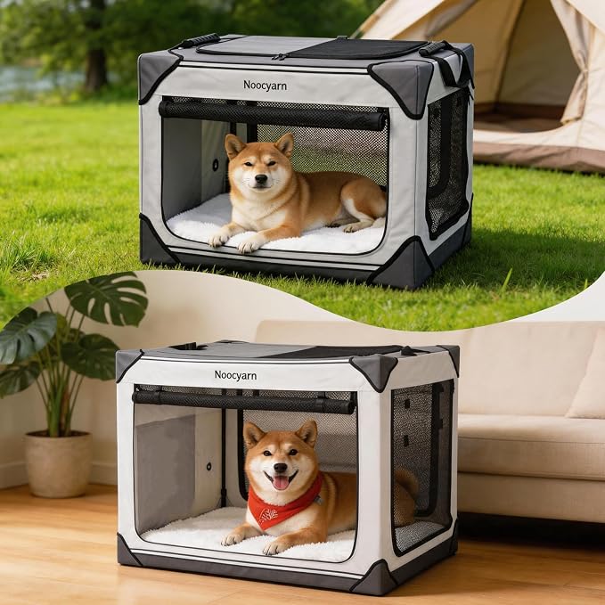 Collapsible Soft Dog Crate 42 Inch, Portable Travel Pet Crate for Extra Large Dogs with 4-Door Mesh, XL Dog Kennel Indoor & Outdoor, Light Grey - Image 7