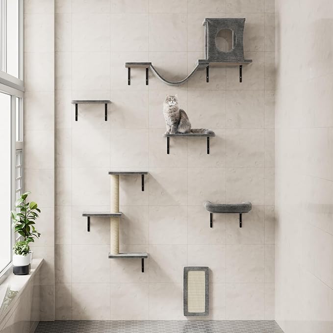 12-in-1 Cat Wall Shelves, Luxury Wall-Mounted Cat Climber Set | with Condos House, Scratching Post, Bridge Ladder, Indoor Space-Saving Furniture for Kittens, Dark Gray - Image 8