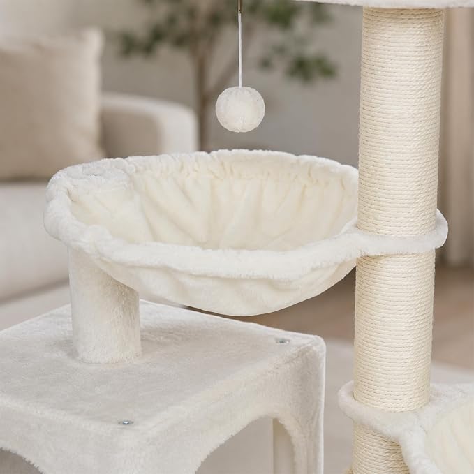 Smouatou Cat Tree with Cat Condo and Two Hammocks, Cat Tower with Scratching Posts and Scratching Pads Cat Toys, Beige - Image 7