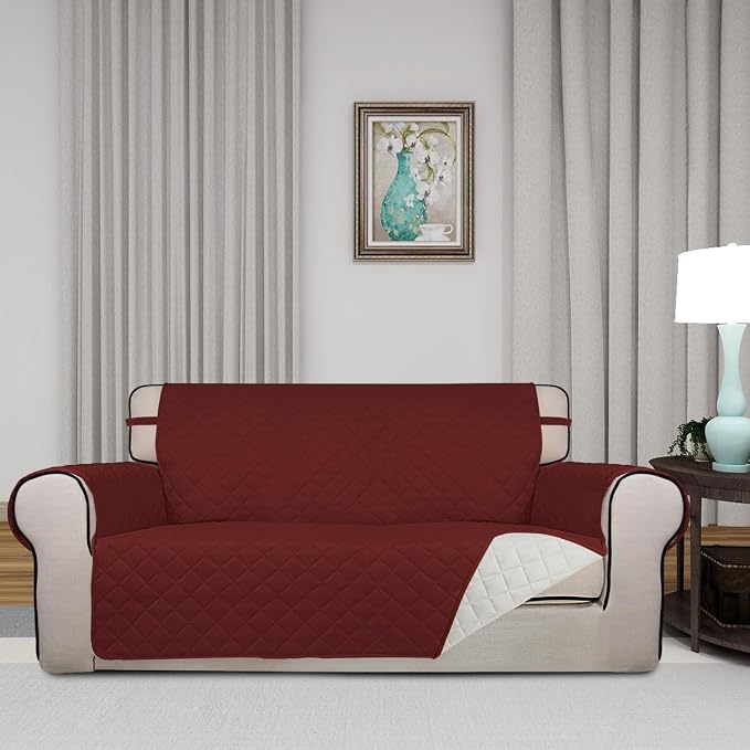 PureFit Reversible Quilted Couch Covers for Dogs Loveseat Sofa Cover 54" | Red/Ivory, Water Resistant Couch Protector, Washable Pet Couch Cover with Non Slip and Elastic Straps For Kids - Image 2