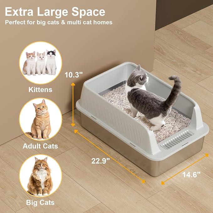 TENTIZON 2 Pack Stainless Steel Cat Litter Box, XL Large Metal Kitty Litterbox with High Side Lids, Litter Mat, Scooper for Big Cats, Multi Cats, No Odor, No Mess, Leak Proof, Easy Clean, Non Stick - Image 5