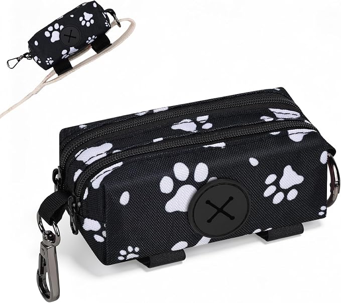 Dog Poop Bag Holder for Leashes 2 Zipper Pockets Black 1 Pack | Lightweight, Pet Waste Bag Dispenser, Treat Pouch, Clip-On, Paw Print by SIDESUGAR