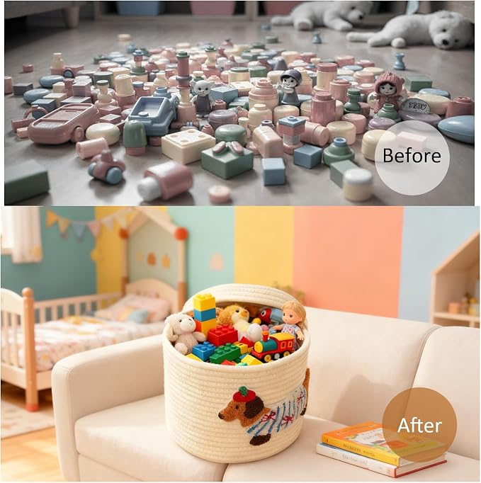 Cute Dog Cotton Rope Storage Basket with Lid, 10"×10"×9" Woven Storage Bin, Large Capacity Dustproof Toy Organizer, Decorative Laundry Hamper for Living Room, Nursery, Kids Room (Small) - Image 5