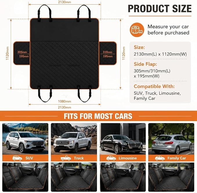 Dog Car Seat Cover for Back Seat, Waterproof Dog Hammock for Car, Non-Slip Dog Covers for Cars Backseat, Universal Pet Car Seat Cover Protector for Cars SUVs Trucks (Black Orange Edge) - Image 4